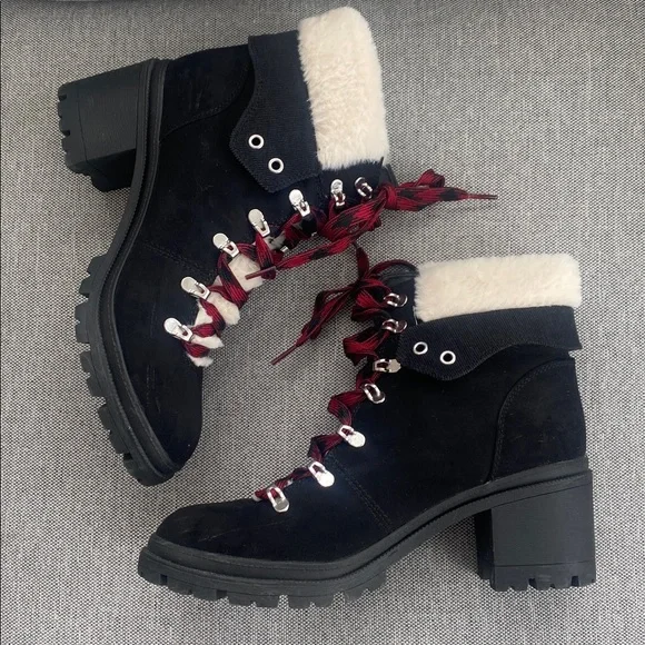 Jellypop mission, black faux suede with faux Sherpa trimmed Laced ankle boots 10 - Picture 2 of 11
